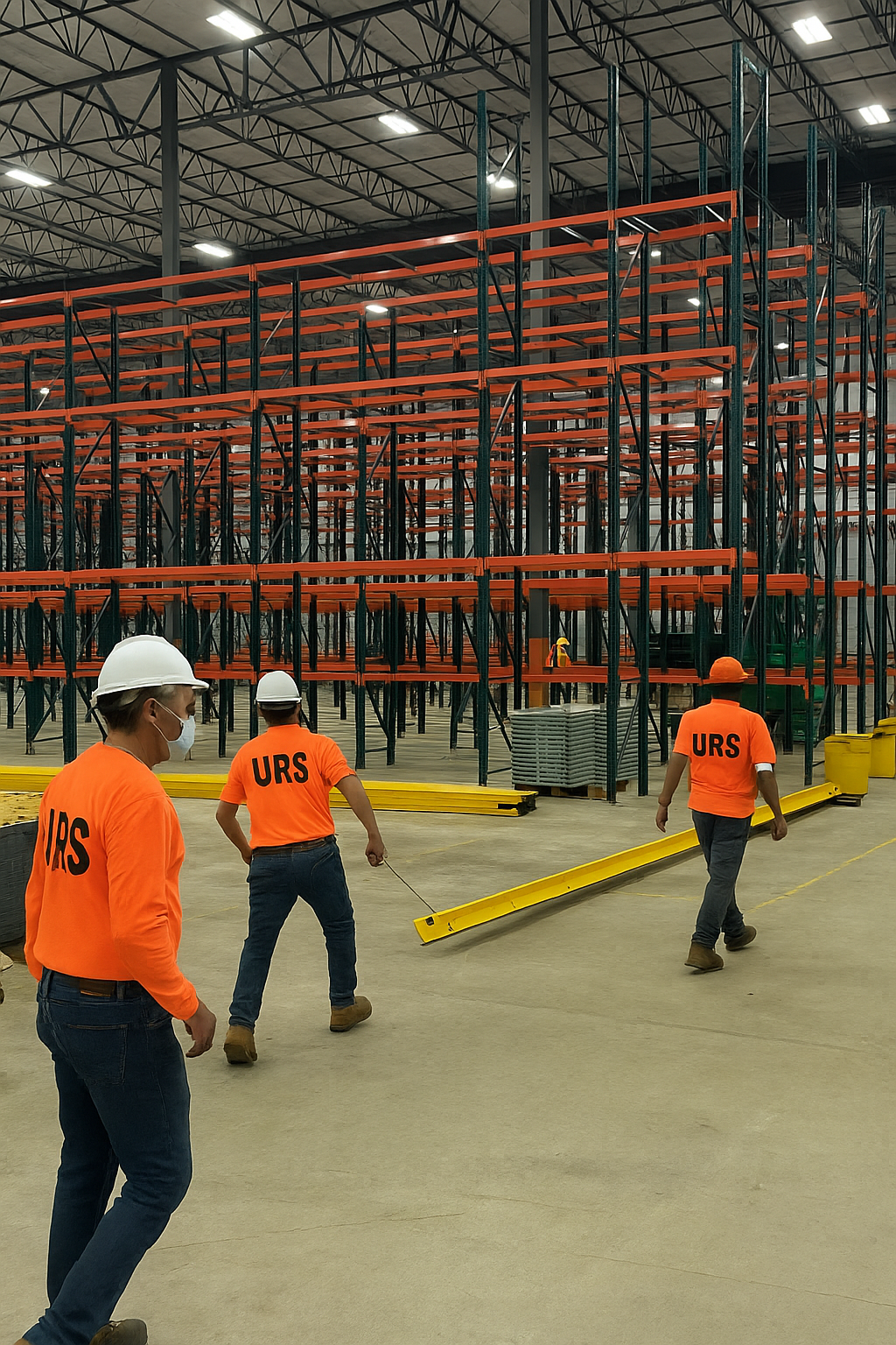 URS crew installing pallet racks in warehouse