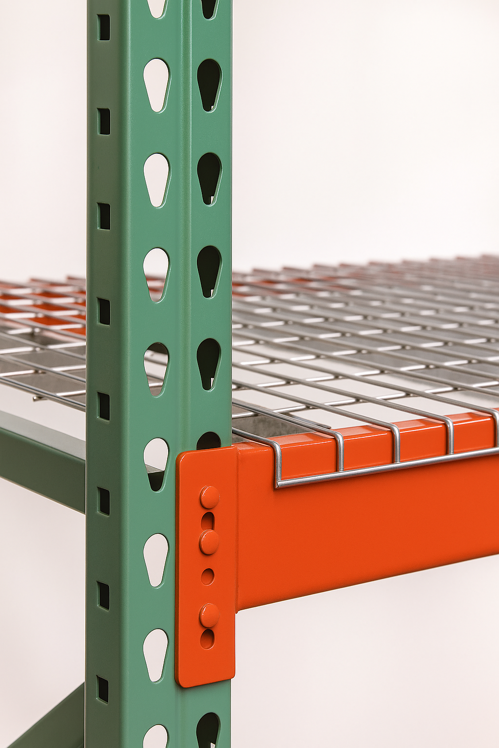 Person inspecting wire decking on a pallet rack