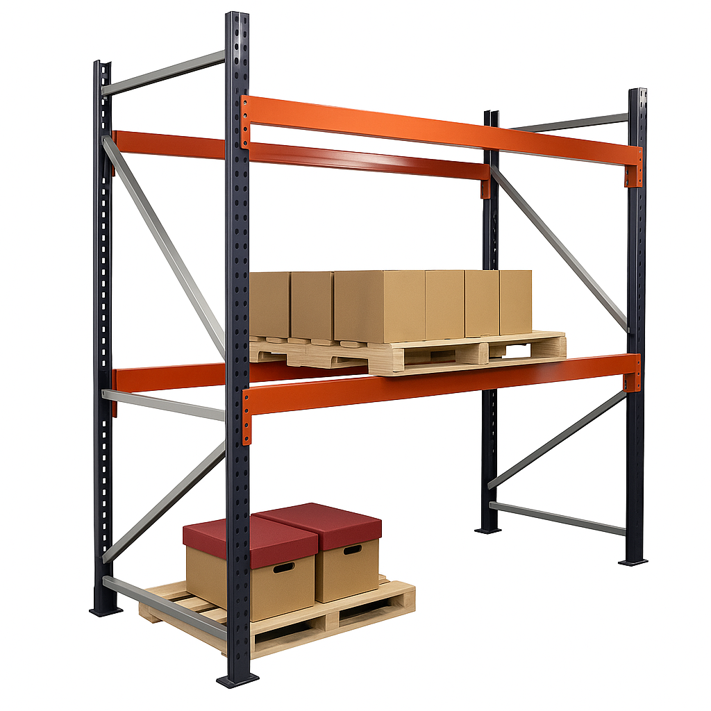 An organized warehouse aisle with durable pallet rack shelving.