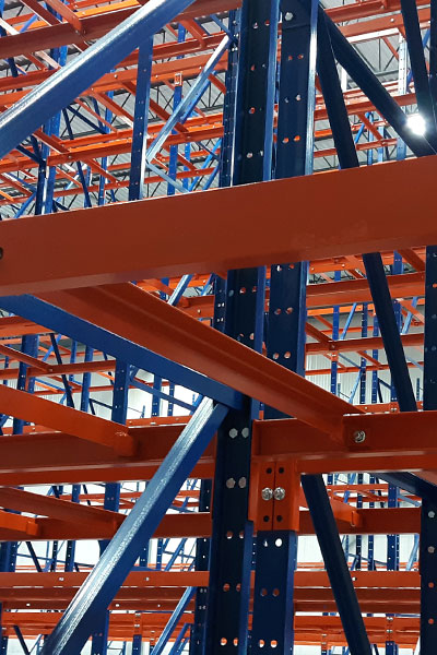 Close up view of a bolted structural steel pallet rack