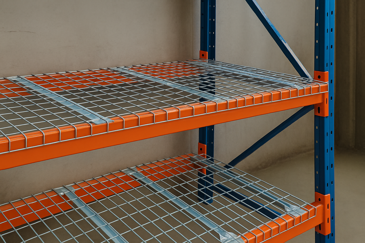 A close-up view of stacked wire decking, showing the reinforced channels