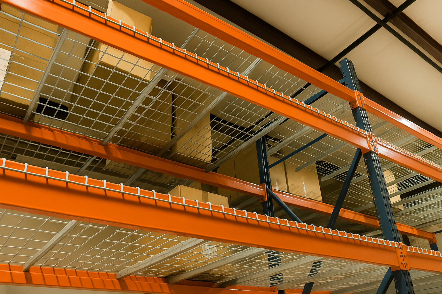 A wide view of a warehouse aisle with wire decking installed on all pallet racks.