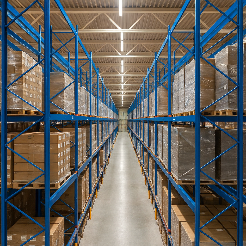 Modern warehouse with eco-friendly steel racking systems made from recycled materials showing sustainable vertical storage solutions