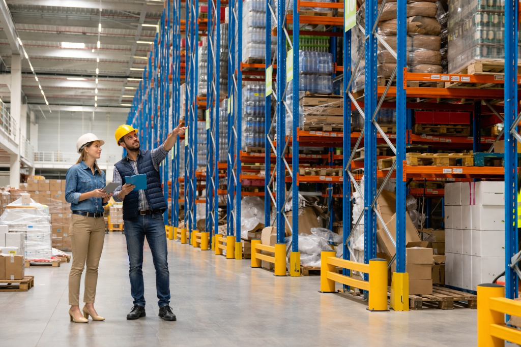 Warehouse pallet racking installation showing correct beam placement, anchored uprights, and safety accessories to prevent installation mistakes
