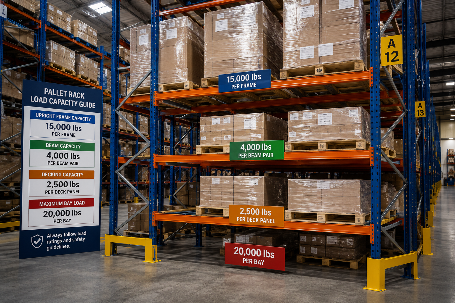 Pallet rack load capacity placard showing bay capacity and beam level load ratings per ANSI MH16.1 and OSHA requirements