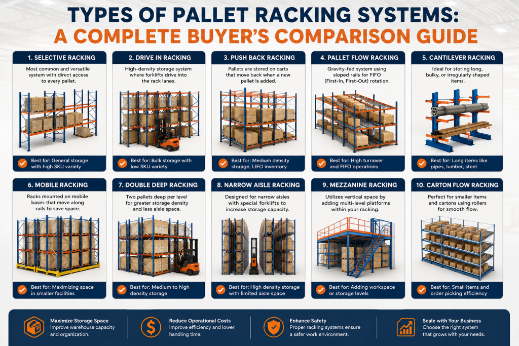 Comparison of different types of pallet racking systems including selective, drive-in, push-back, pallet flow, carton flow, cantilever, and mobile warehouse racks.