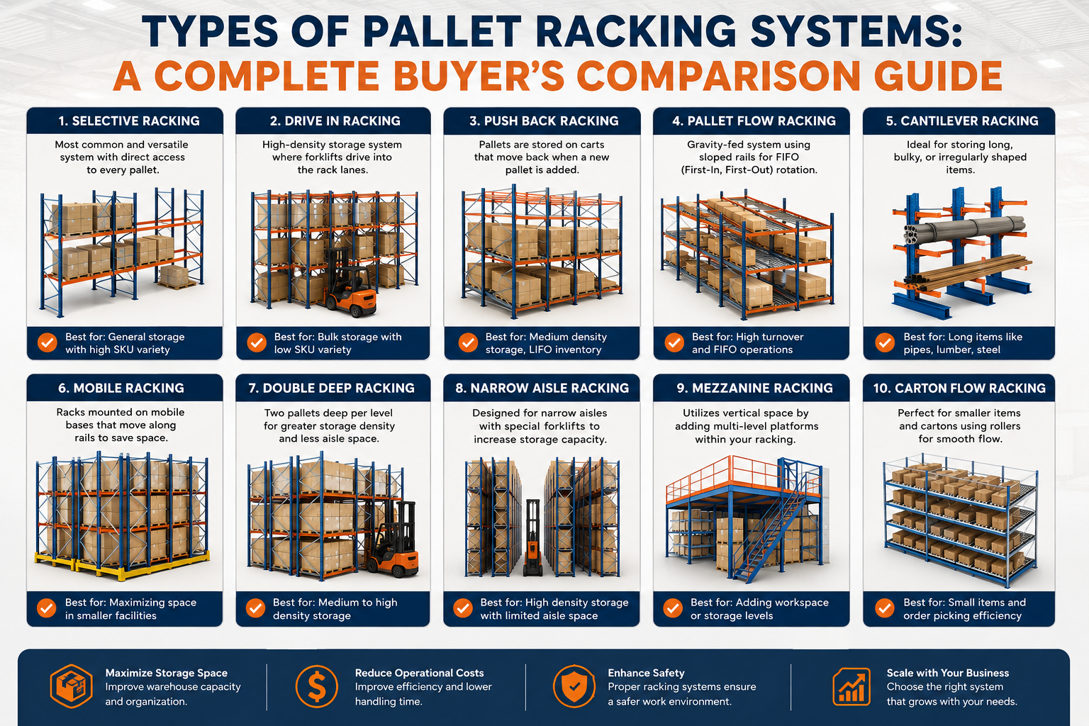 Comparison of different types of pallet racking systems including selective, drive-in, push-back, pallet flow, carton flow, cantilever, and mobile warehouse racks.