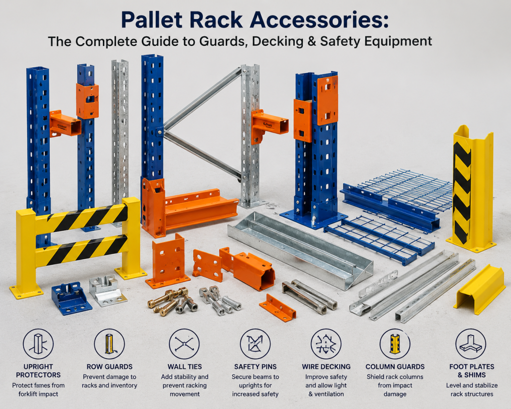 Pallet rack accessories including column guards, wire decking, safety netting, guardrails, and load capacity placards