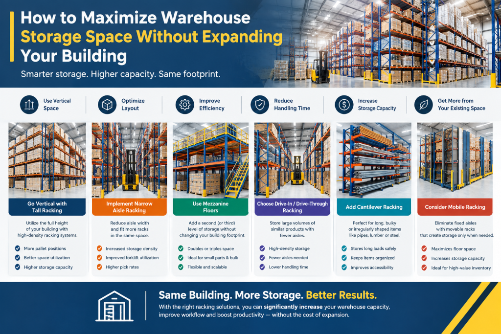 Warehouse pallet racking optimized to maximize storage space without building expansion