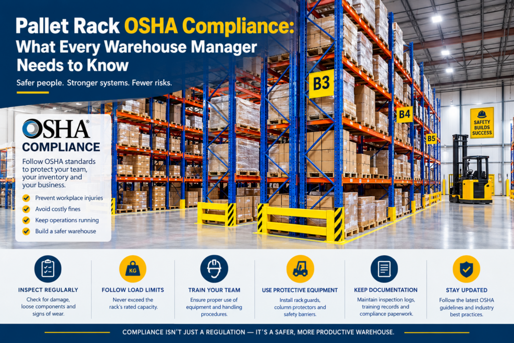 Warehouse pallet racking with safety features, load capacity placards, and inspection points for OSHA compliance
